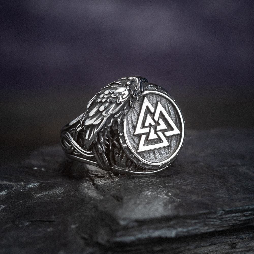 Stainless Steel Valknut and Raven Ring-Viking Ring-Norse Spirit