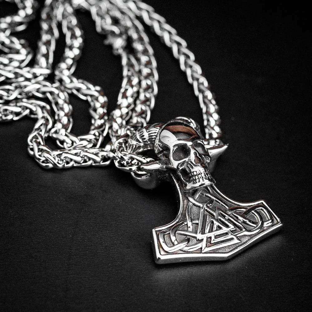 Stainless Steel Valknut and Skull Mjolnir Necklace-Viking Necklace-Norse Spirit