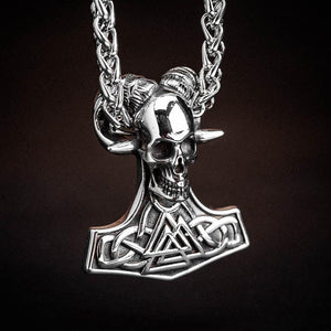 Stainless Steel Valknut and Skull Mjolnir Necklace-Viking Necklace-Norse Spirit