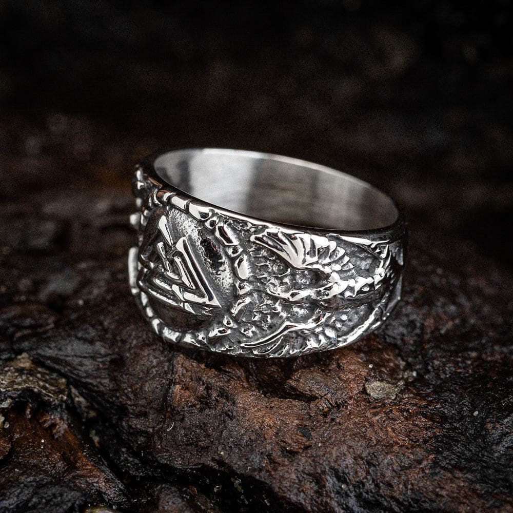 Stainless Steel Valknut and Twin Raven Ring-Viking Ring-Norse Spirit