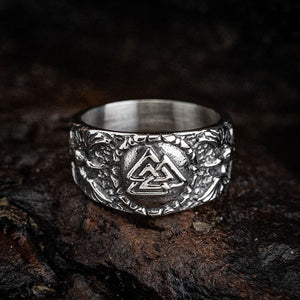 Stainless Steel Valknut and Twin Raven Ring-Viking Ring-Norse Spirit