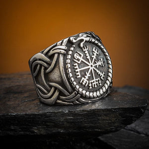 Stainless Steel Vegvisir and Jormungand Ring-Viking Ring-Norse Spirit