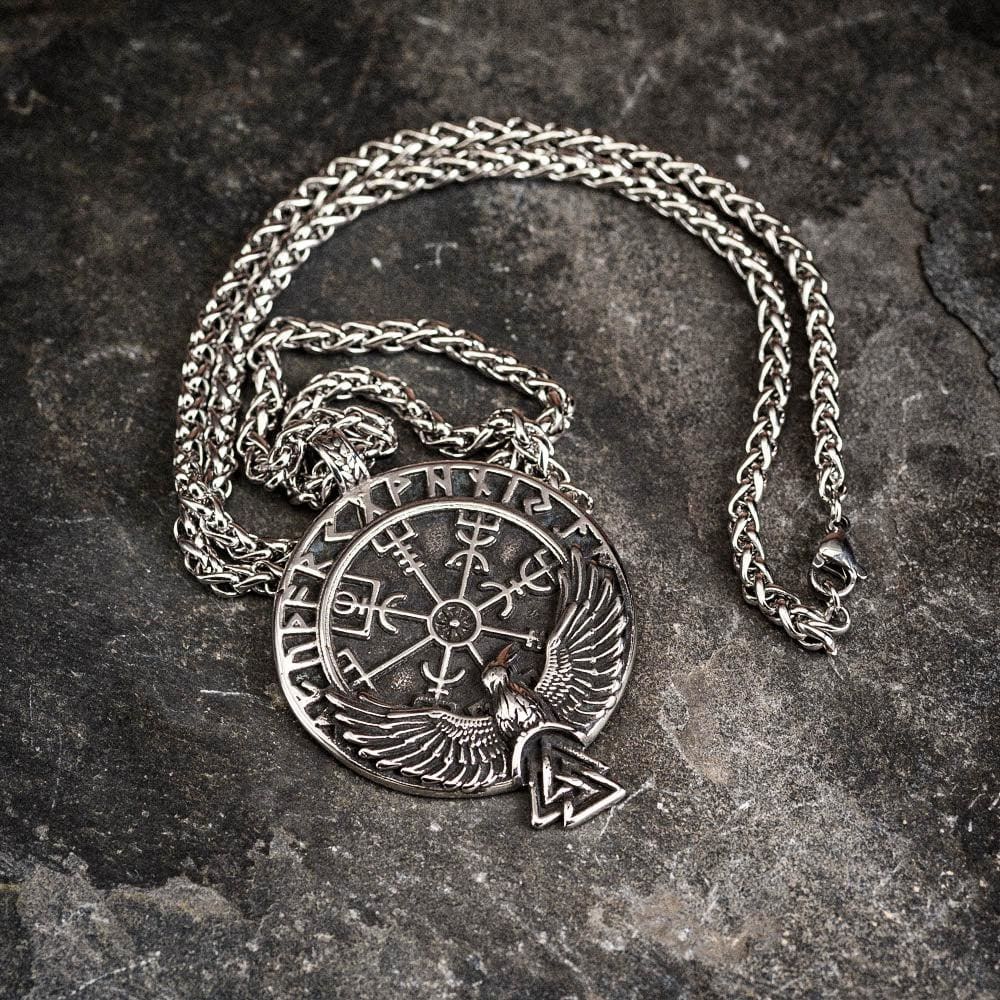 Stainless Steel Vegvisir and Raven Necklace-Viking Necklace-Norse Spirit