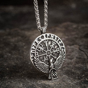 Stainless Steel Vegvisir and Raven Necklace-Viking Necklace-Norse Spirit