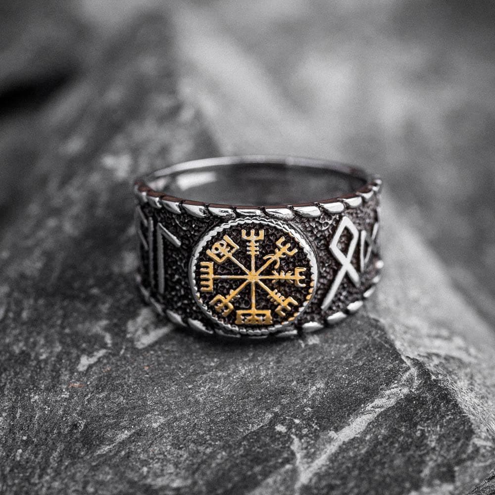Stainless Steel Vegvisir and Runes Ring-Viking Ring-Norse Spirit