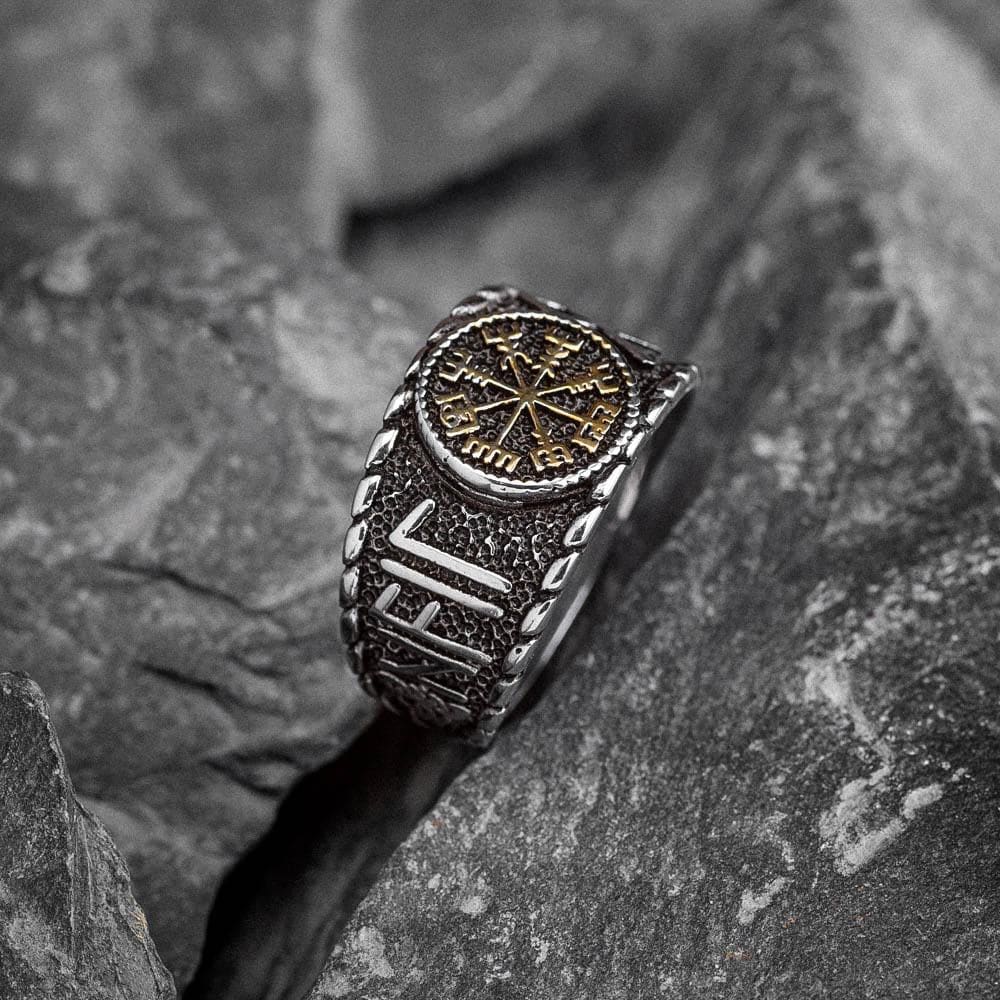 Stainless Steel Vegvisir and Runes Ring-Viking Ring-Norse Spirit