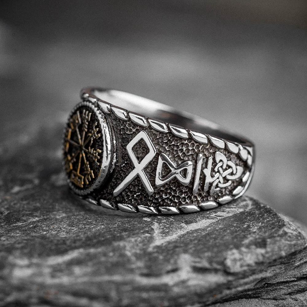 Stainless Steel Vegvisir and Runes Ring-Viking Ring-Norse Spirit