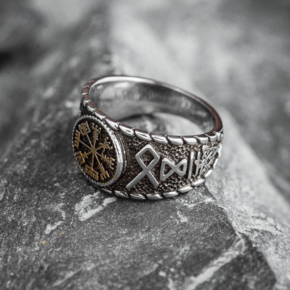 Stainless Steel Vegvisir and Runes Ring-Viking Ring-Norse Spirit