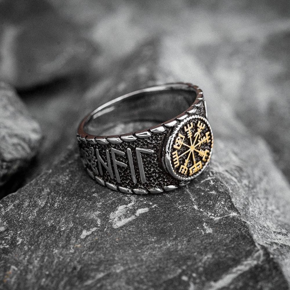 Stainless Steel Vegvisir and Runes Ring-Viking Ring-Norse Spirit