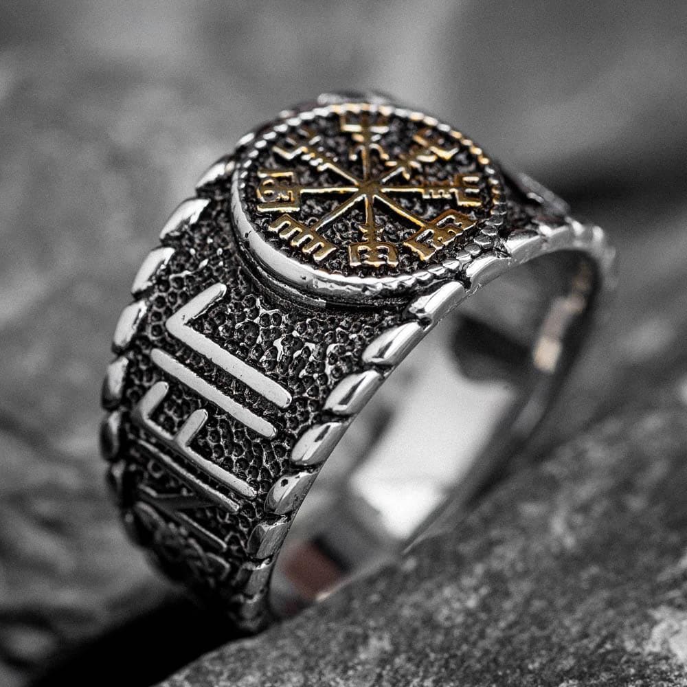 Stainless Steel Vegvisir and Runes Ring-Viking Ring-Norse Spirit