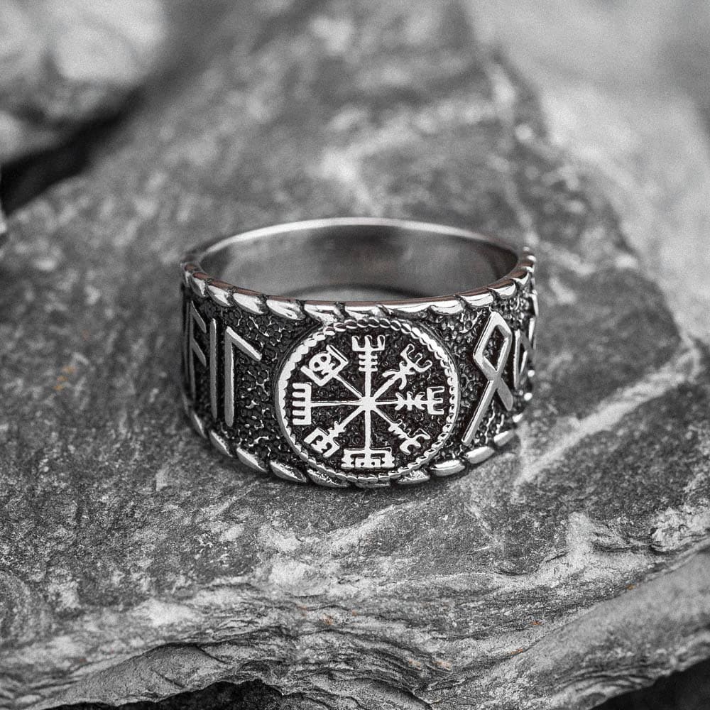 Stainless Steel Vegvisir and Runes Ring-Viking Ring-Norse Spirit