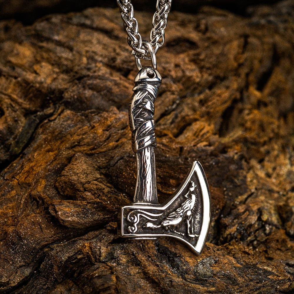 Stainless Steel Viking Axe With Wolf and Raven Necklace