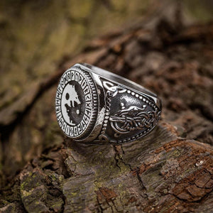 Stainless Steel Wolf and Rune Signet Ring-Viking Ring-Norse Spirit