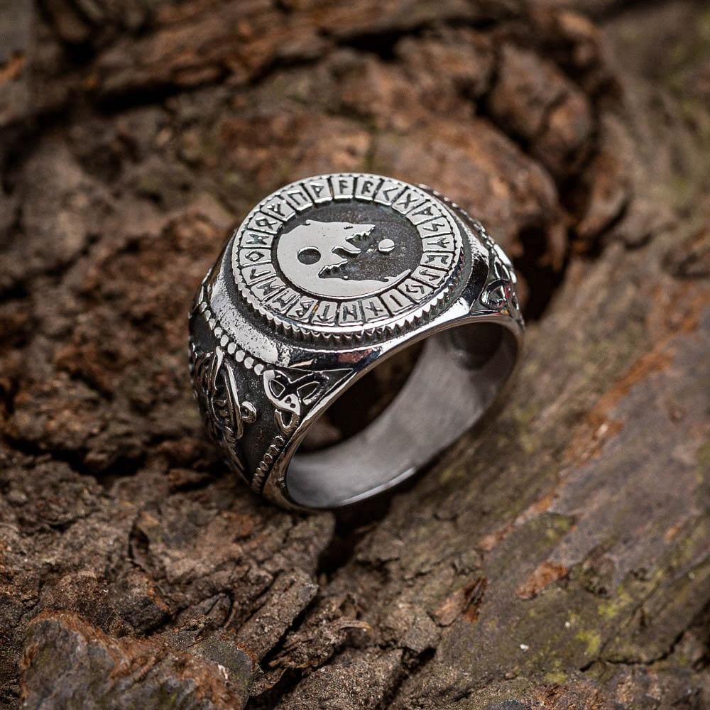 Stainless Steel Wolf and Rune Signet Ring-Viking Ring-Norse Spirit