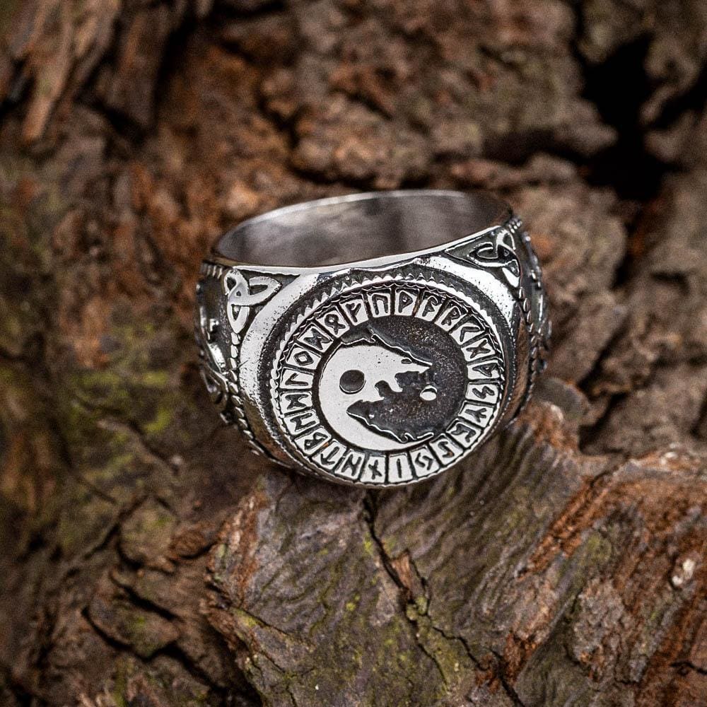 Stainless Steel Wolf and Rune Signet Ring-Viking Ring-Norse Spirit