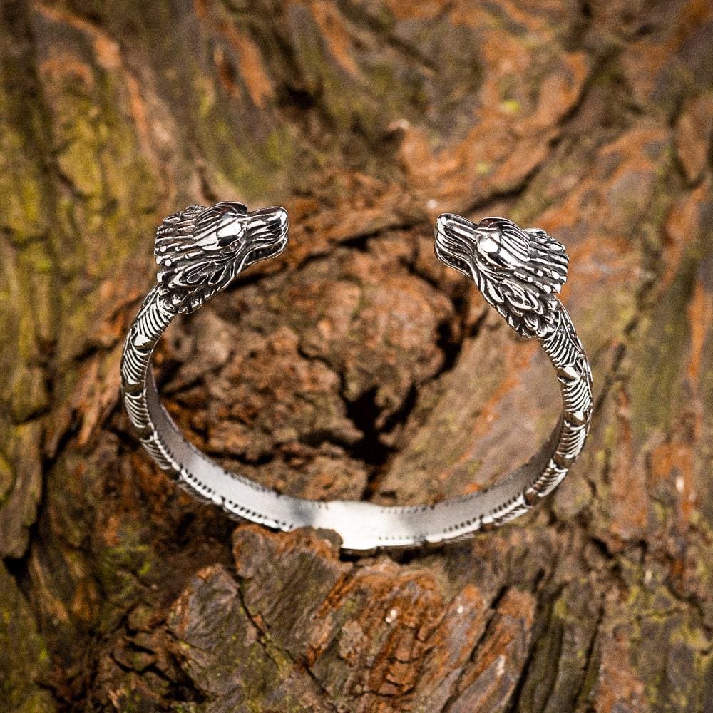 Stainless Steel Wolf Head Braided Torc Bracelet - Norse Spirit