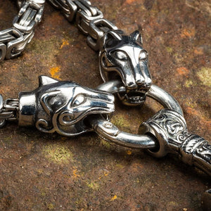 Stainless Steel Wolf Head Link Kings Chain with Stainless Steel Mjolnir Pendant-Viking Necklace-Norse Spirit