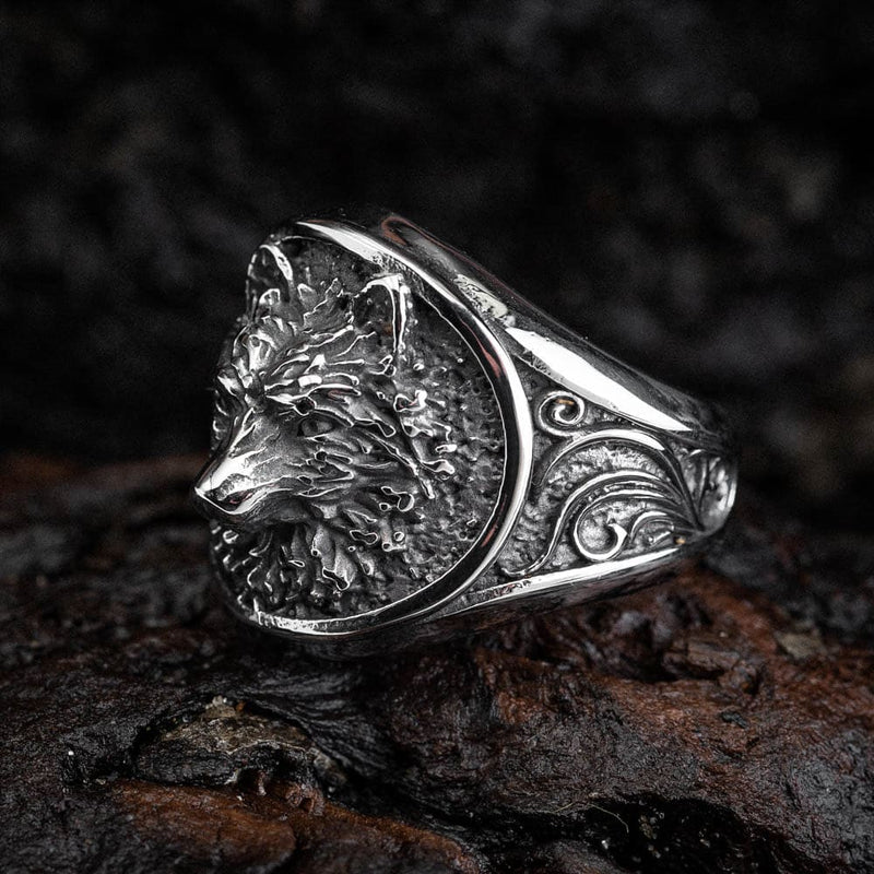 Stainless Steel Wolf Head Signet Ring - Norse Spirit