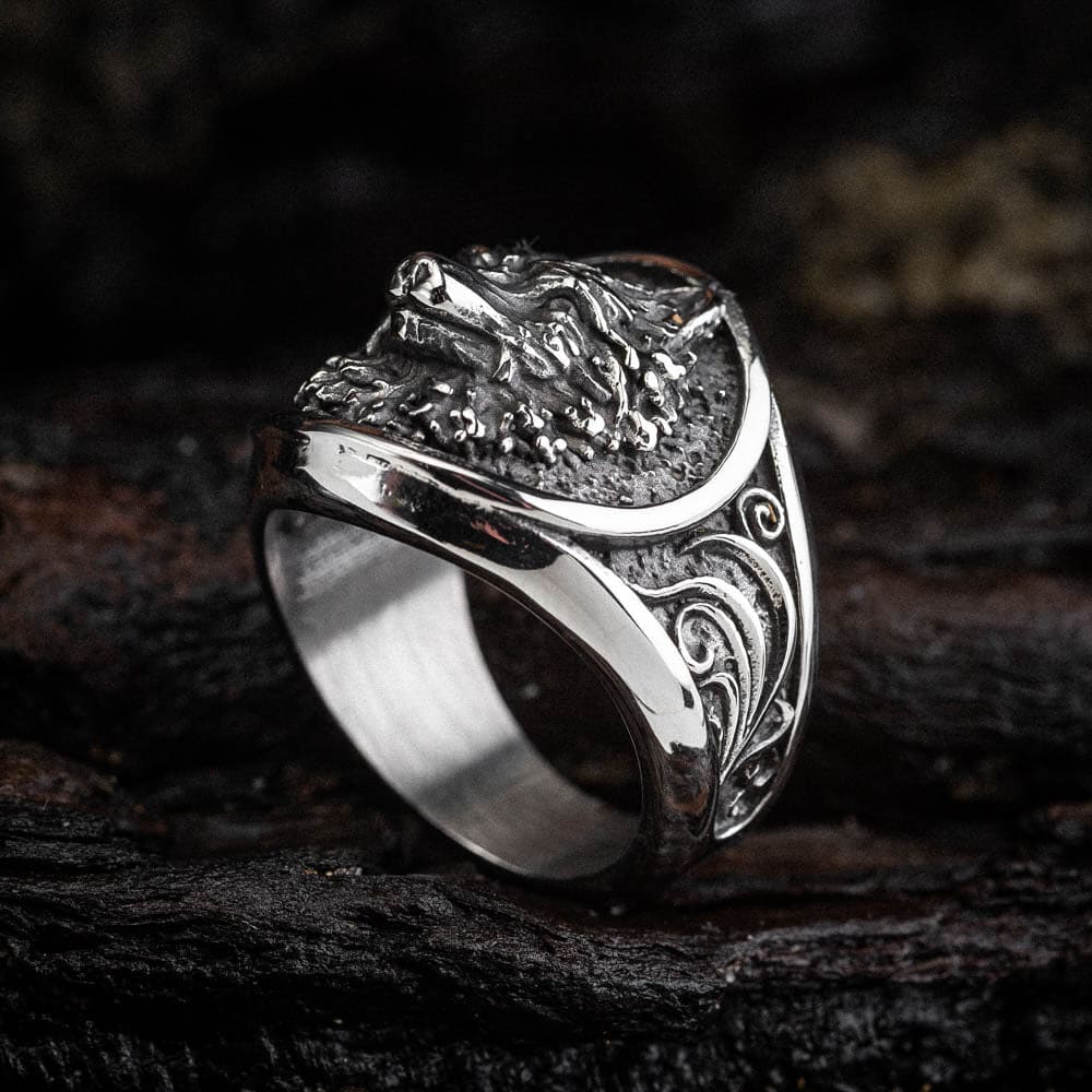 Stainless Steel Wolf Head Signet Ring-Viking Ring-Norse Spirit