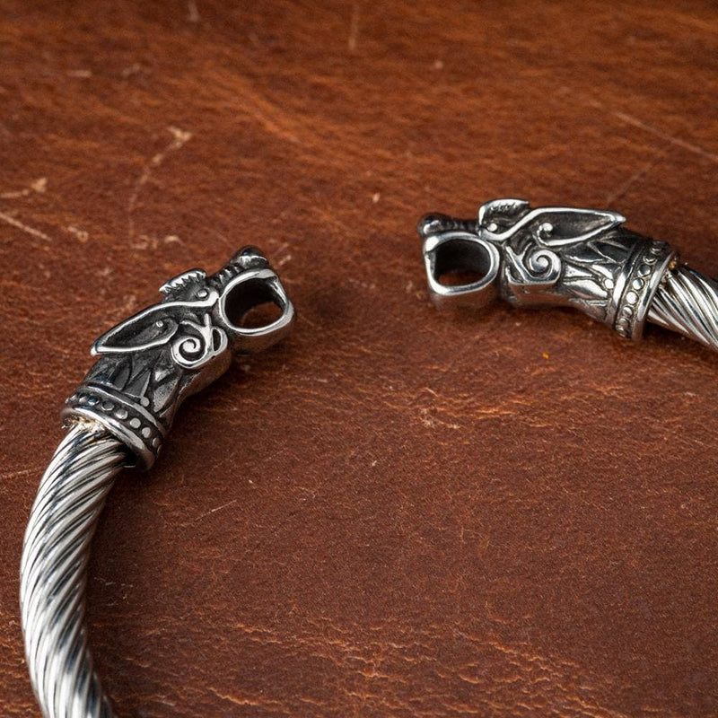 Stainless Steel Wolf Head Torc Bracelet - Norse Spirit