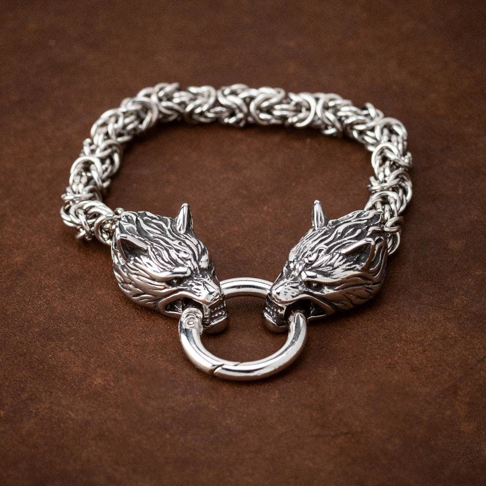 Stainless Steel Wolf Head Woven Kings Chain Bracelet-Viking Bracelet-Norse Spirit