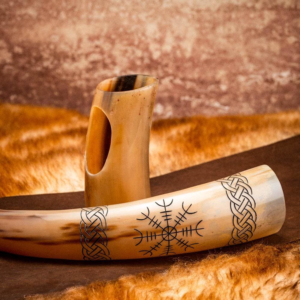 Viking Drinking Horn With Helm of Awe Engravings and Stand-Viking Drinking Horn-Norse Spirit