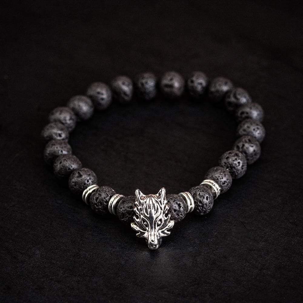 Wolf Head and Lava Stone Bracelet-Viking Bracelet-Norse Spirit
