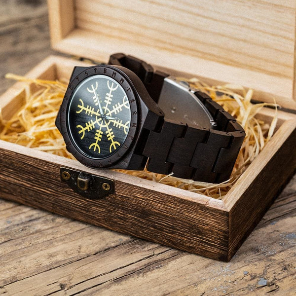 wooden watch with helm of awe and runes